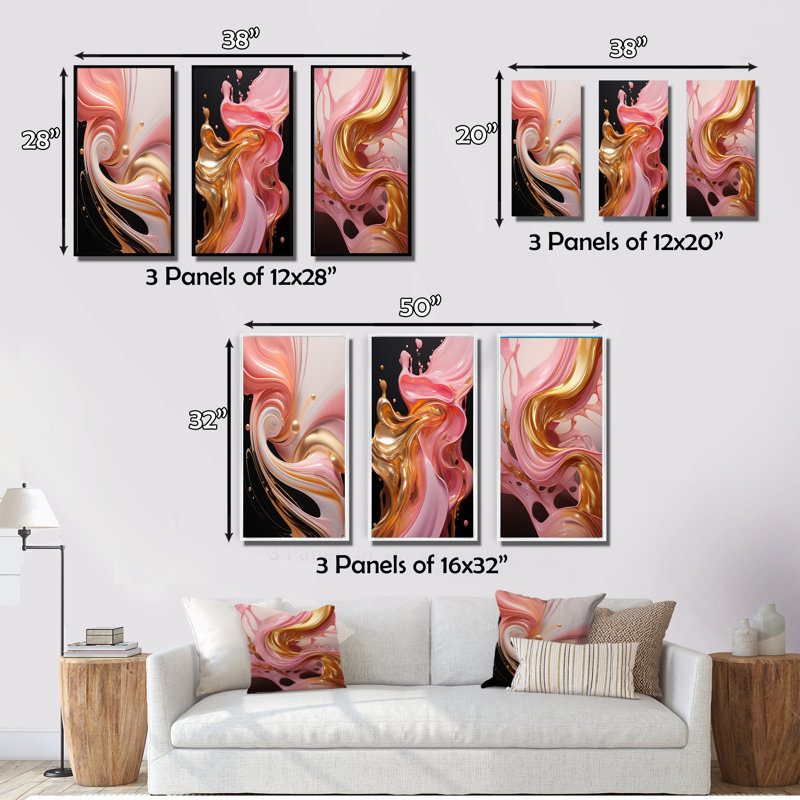 «Whimsical Lquid» rose et or Glam Art III - formes abstraites, ensemble de 3 pièces, Cadre flottant noir, H 28 po x l 36 po