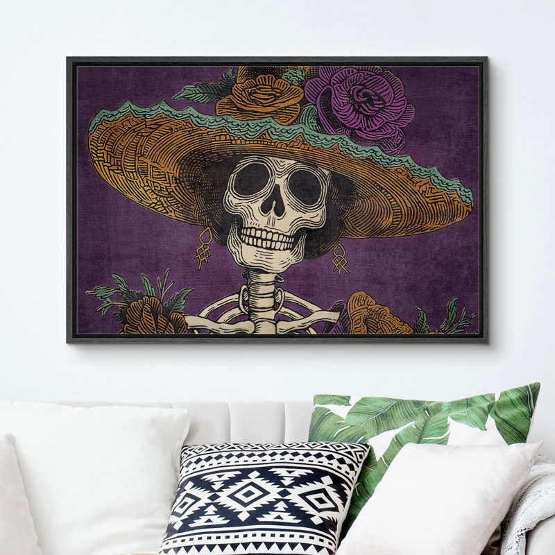 Décoration mauve squelette mauve portant un chapeau de crâne humain Moody, Cadre noir, H 24 po x l 36 po