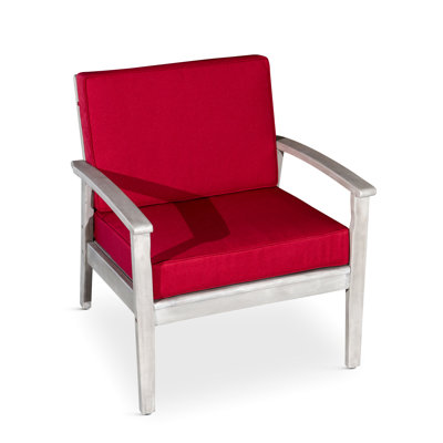 Fauteuil d'appoint d'extérieur contemporain moderne avec siège profond en eucalyptus gris argenté et coussin bourgogne moderne pour des années d'utilisation