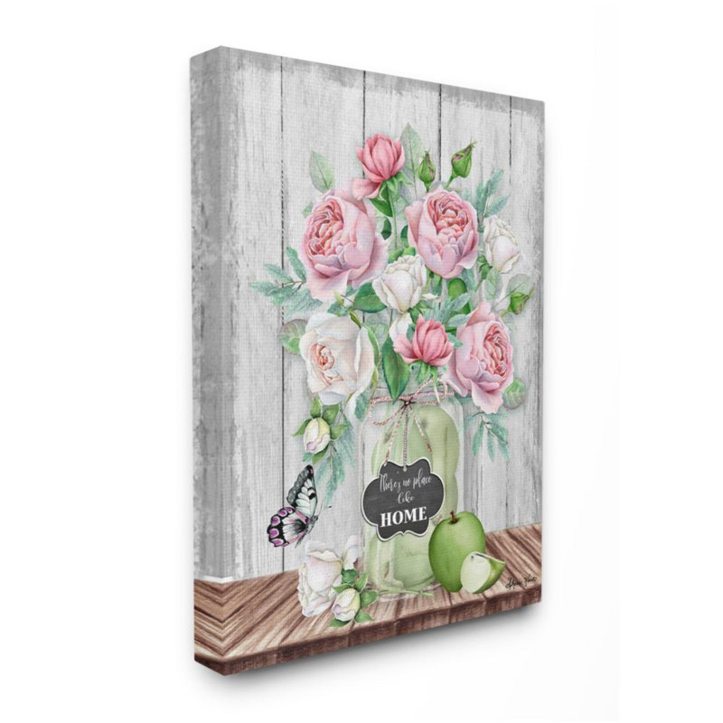 «No Place Like Home Text Pink Roses Fruit Jar» par Sheri Hart - impression d'art graphique, 40" H x 30" W x 1.5" D