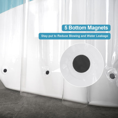 Doublure de rideau de douche transparente de 90 pouces de long avec 5 poids d'aimant et crochets, doublure de rideau de douche en plastique extra longue imperméable PEG 9G 72 x 90 pouces
