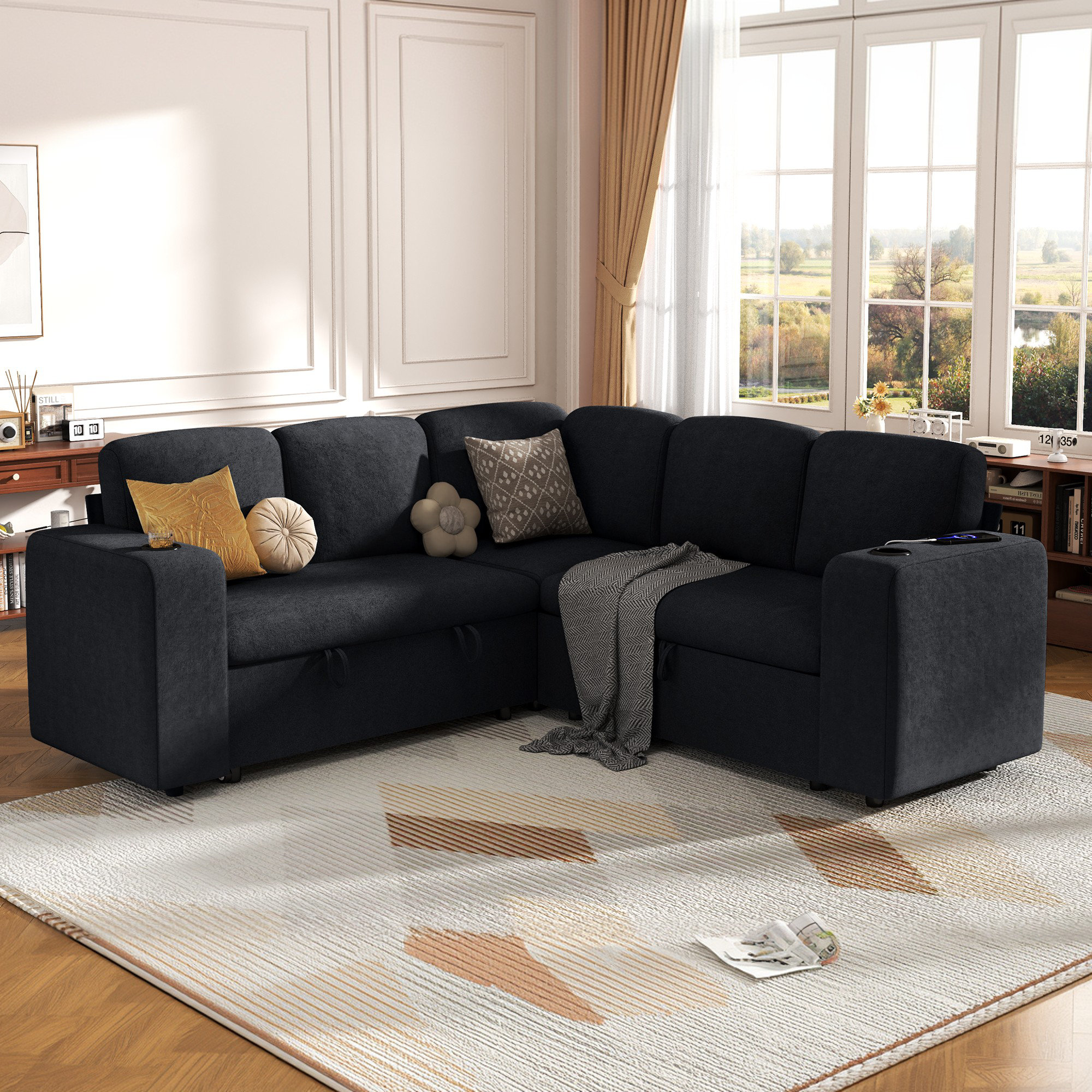 Ebern Designs Convertible Modular Sectional Sleeper Sofa With Pull Out ...