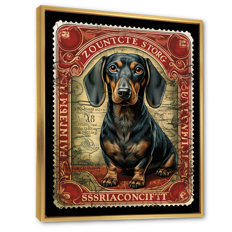 Illustration rétro du timbre de teckel mignon I - impression, H 44 po x l 34 po x P 1,5 po, Cadre flottant doré