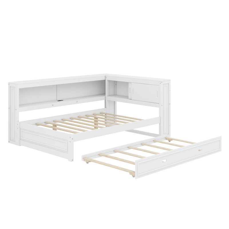 Daybed With Storage Shelves, USB, LED, And Trundle, White