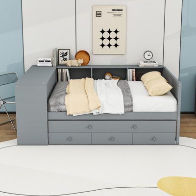 Daybed with Trundle, Storage Drawers, Side Shelves and Desk