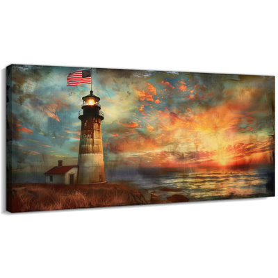  Art mural sur toile océan patriotique, peinture de phare du drapeau américain, décor rétro Americana, œuvre d'art encadrée coucher de soleil coucher de soleil serein pour salon chambre bureau 12 x 24 po
