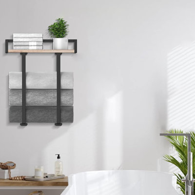 Metal Wall Mounted Bathroom Towel Holder with Wooden Shelf, Storage Solution for Folding Large Towels in Compact Bathrooms, RVs & Camping Trips
