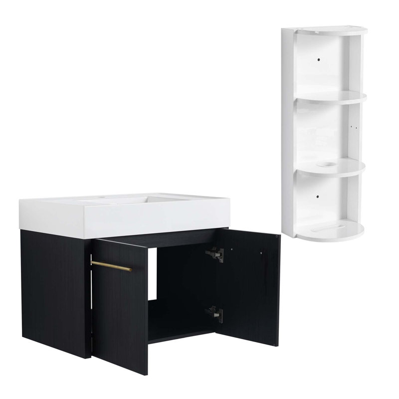 Meuble-lavabo mural avec lavabo et support de rangement, bassin en résine à bords épais, ensemble KD, 30''