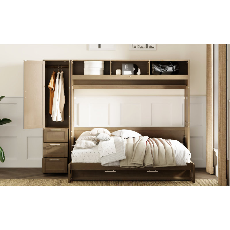Lit double avec garde-robe et rangement, tablettes à tiroirs de style antique - Économie de bois ouverte optimisée pour l'espace