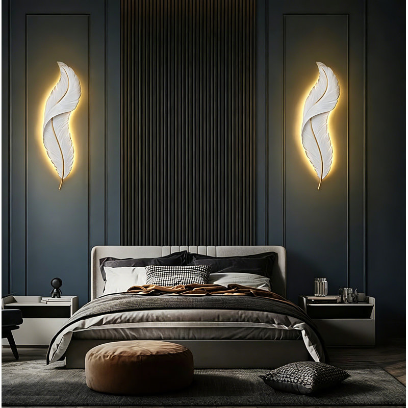 2-Pack Modern Feather LED Wall Sconce, Decorative Resin Wall Light, 34.6" H x 9.1" W x 1.5" D