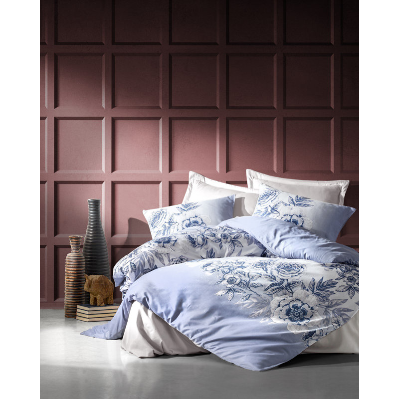 Ensemble de housse de couette 100% coton blanc / bleu 4 pièces Adelbert