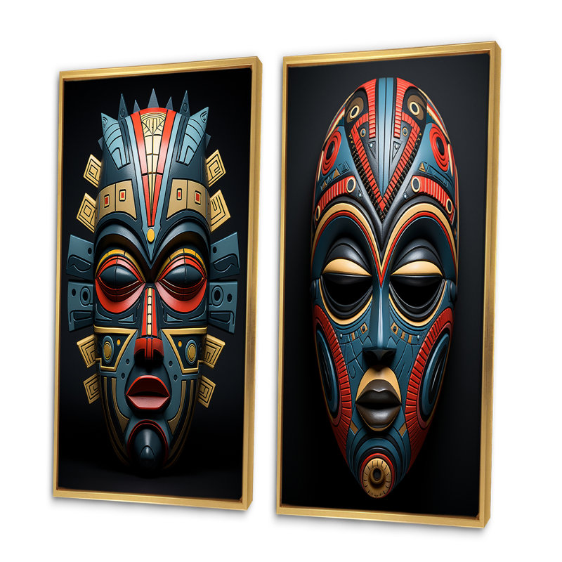 «African Tribal Pende Mask», 2 pièces sur toile, Encadrement doré, H 40 po x l 40 po
