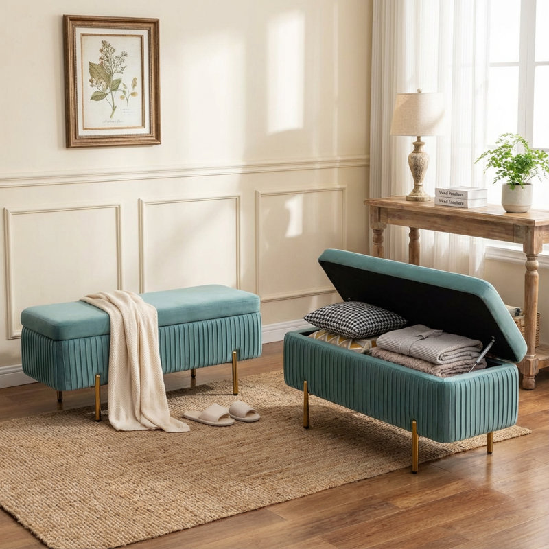 Banc de rangement en velours Leaysia, Sarcelle