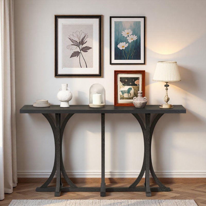 Console en bois avec plateau en placage de chêne et pieds courbés, Noir