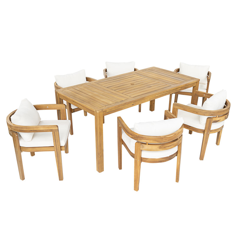 Staley Patio 7-Piece Acacia Wood Dining Set With Cushions & Umbrella Hole, 6
