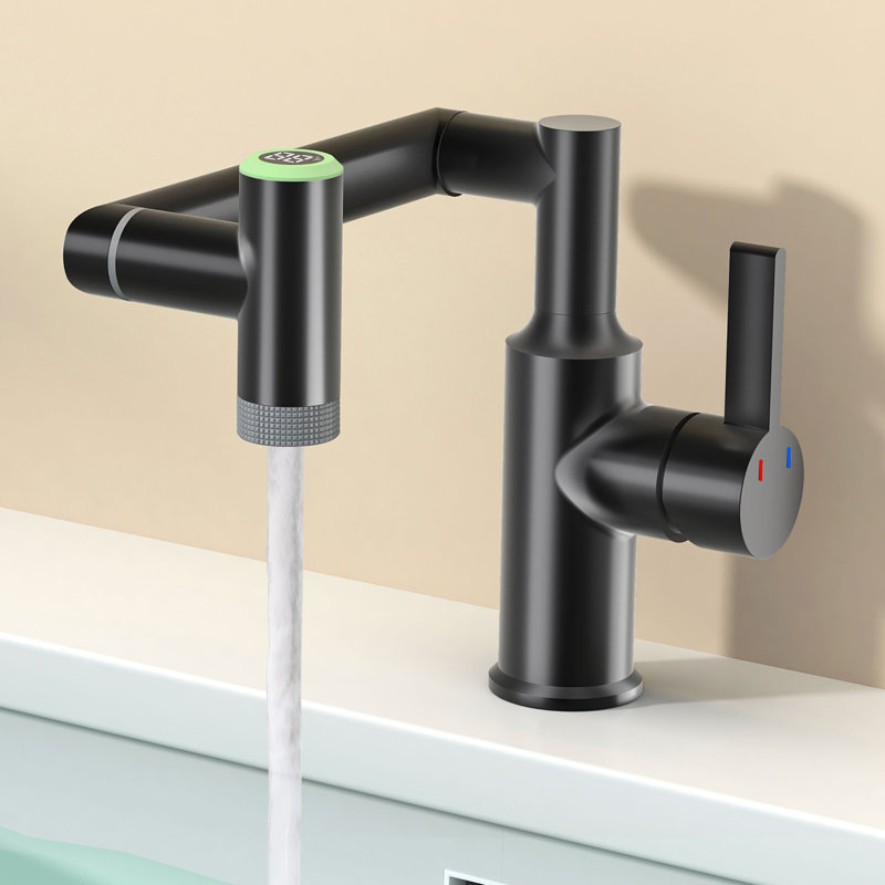 Robinet pour salle de bain à un trou noir mat avec affichage de la température et pivot de 1 080 °, Noir mat