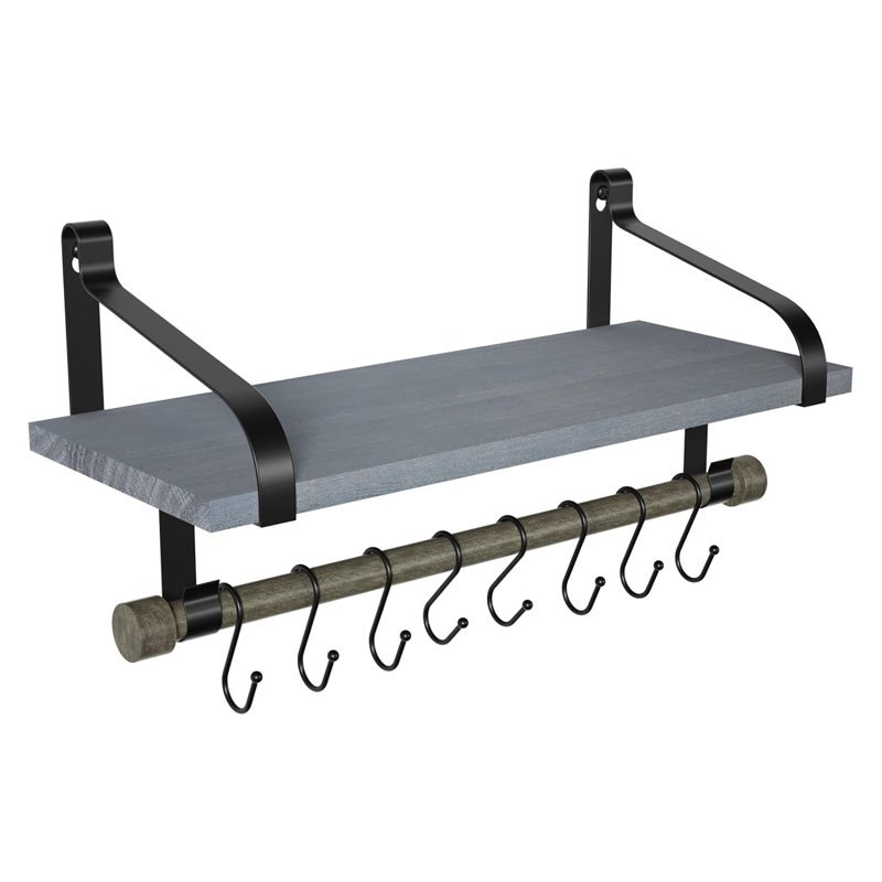 Tablette flottante pour la cuisine et la salle de bain - Tablette murale en bois rustique avec barre à serviettes et crochets amovibles pour organiser les épices, les ustensiles, les tasses - supports en métal robustes et fabrication en bois massif