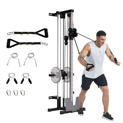 Wall Mount Cable Station – Dual Pulley Lat Pulldown Machine with Footplate, T-Bar & Attachments for Home Gym
