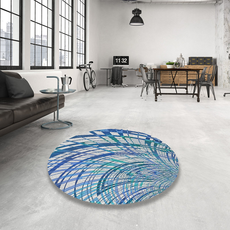 Tapis bleu/blanc tissé à la machine, Rond 6 pi