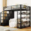 Lit mezzanine en métal avec tablettes de rangement, armoires et garde-robe