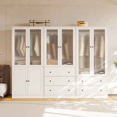 20"D x 94.5"W x 71"H Modern Armoire With Soft-Close Doors — Fluted Glass Wardrobe Closet With Shelves & Drawers
