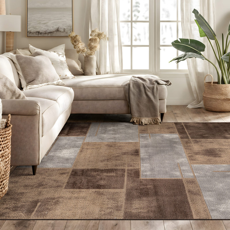 Modern Linear Area Rug Clean Contemporary Design, Brown, Rectangle 5' x 7'