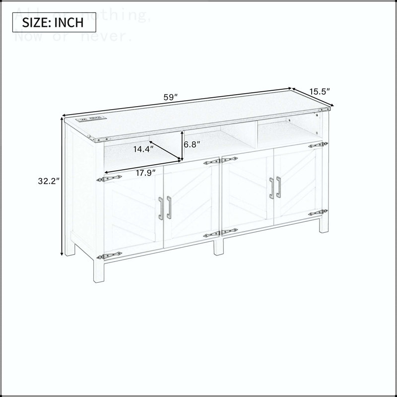 Buffet 4 portes avec prises de courant, ports USB et tablettes réglables, Bois naturel