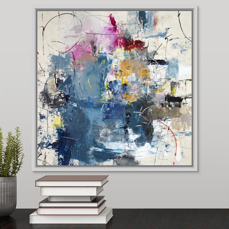 « justified play time », peinture sur toile, H 17,7 po x l 17,7 po x P 1,75 po, Cadre flottant blanc