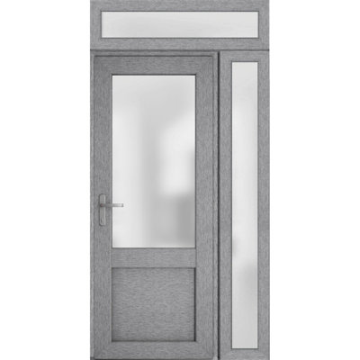 Front Exterior Prehung uPVC Metal-Plastic Door Frosted Glass Manux 8422 Grey Ash Side and Top Exterior Window Office Commercial and Residential Doors Entrance Patio Garage-W36+16 x H80+14-Left-hand Inswing