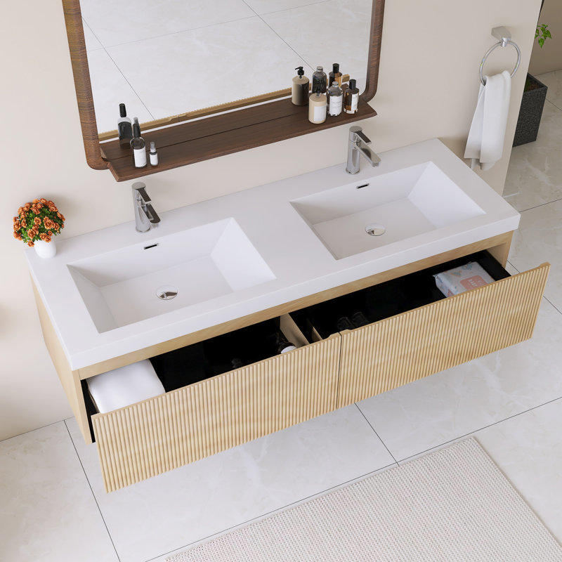 60'' Wall Mounted Single Bathroom Vanity With Glossy White Solid Surface Basin, 60"