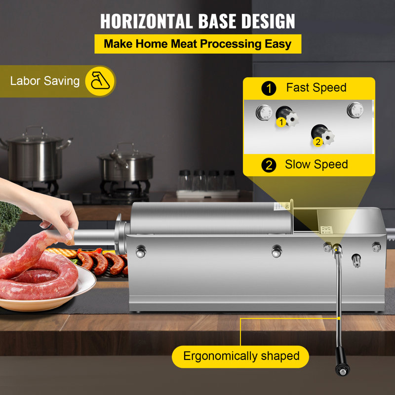 Manual Sausage Stuffer, 5 L / 11 LBS Horizontal Sausage Machine, Made of Food-Grade 304 Stainless Steel, Includes 5 Stuffing Tubes, Dual-Speed Meat Stuffer