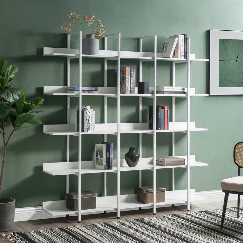 Bibliothèque à 5 niveaux avec bureau ouvert, tablette de style industriel rétro avec structure en métal, Blanc