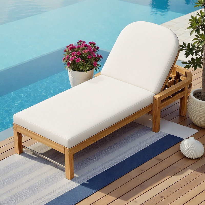 Outdoor Chaise Lounge, Premium Acacia Wood Patio Recliner with Arched Backrest, 5-Position Adjustable, Thick Waterproof Cushion for Poolside, Backyard, Deck