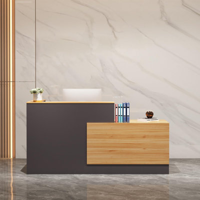 86.6" L-Shaped Reception Desk with Two-Tone Wood & Grey Finish, Lockable Filing Cabinet, Keyboard Tray, and Storage Drawers for Office Lobby and Front Desk Reception Area, Right