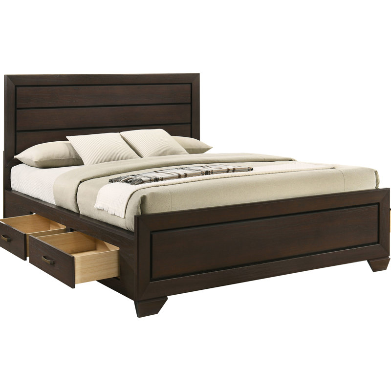 Lit King Size avec rangement et finition foncée, rainures noires naturelles, panneau encastré, style moderne et épuré, tiroirs latéraux, design minimaliste, profondeur visuelle, style organique