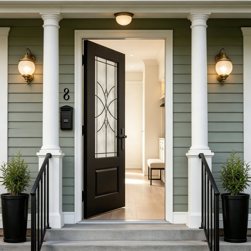 Modern Fiberglass Exterior Doors 36x80 Black, Decorated Glass, Left Hand Inswing