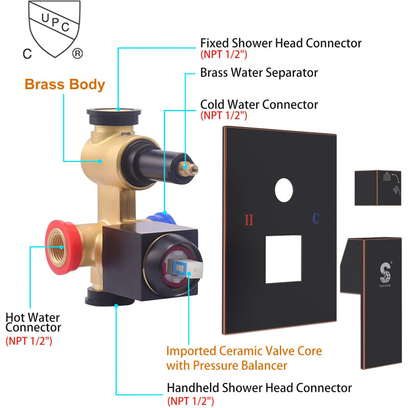 Système de douche complet avec valve brute, Bronze huilé