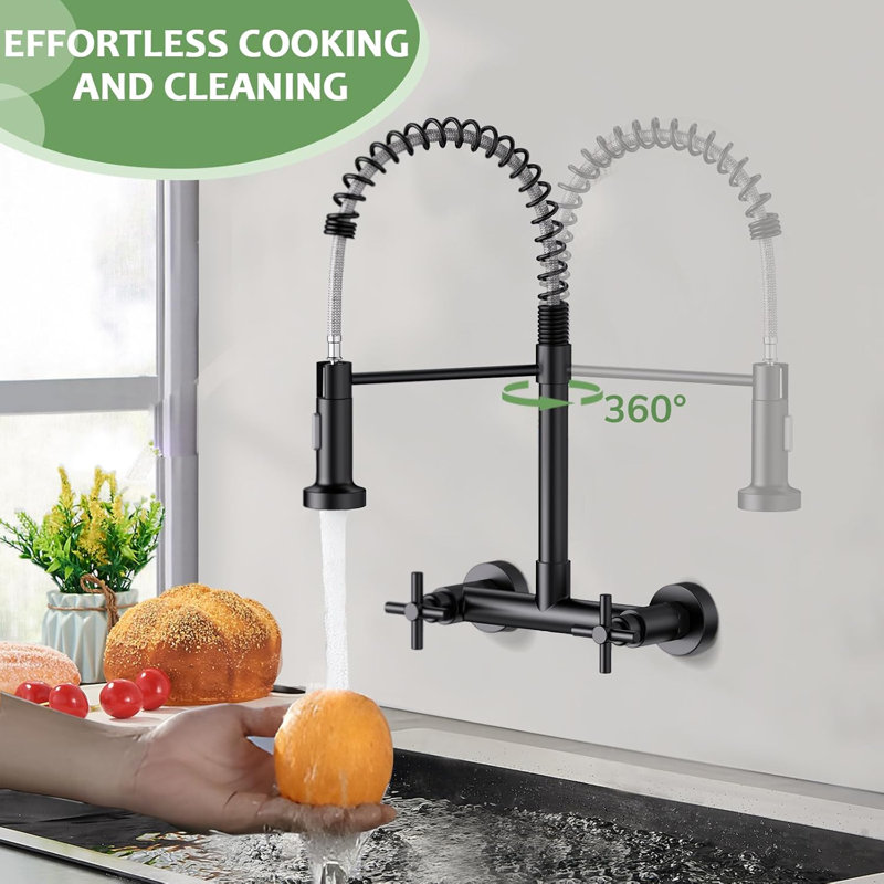 Double-Handle 2-Hole Wall-Mount Pre-Rinse Bridge Kitchen Faucet, Mattle Black