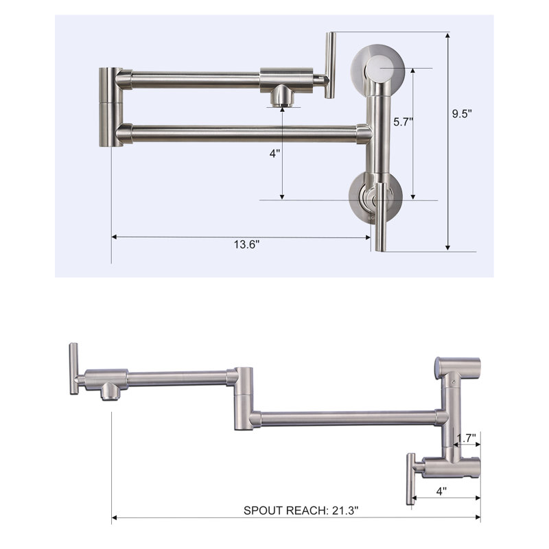 Robinet de cuisine à fixation murale à deux trous avec deux poignées ARCORA, Nickel brossé