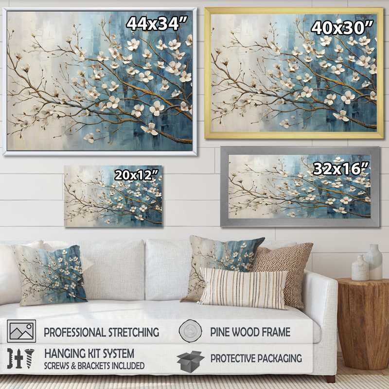 «Peacefulness White Blue Dogwood III», art mural cornouiller, H 16 po x l 32 po x P 1 po, Toile tendue