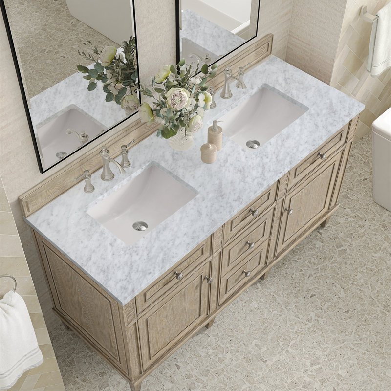 Lorelai 60'' W Double Vanity, Whitewashed Oak, 8" Widespread, Carrara White