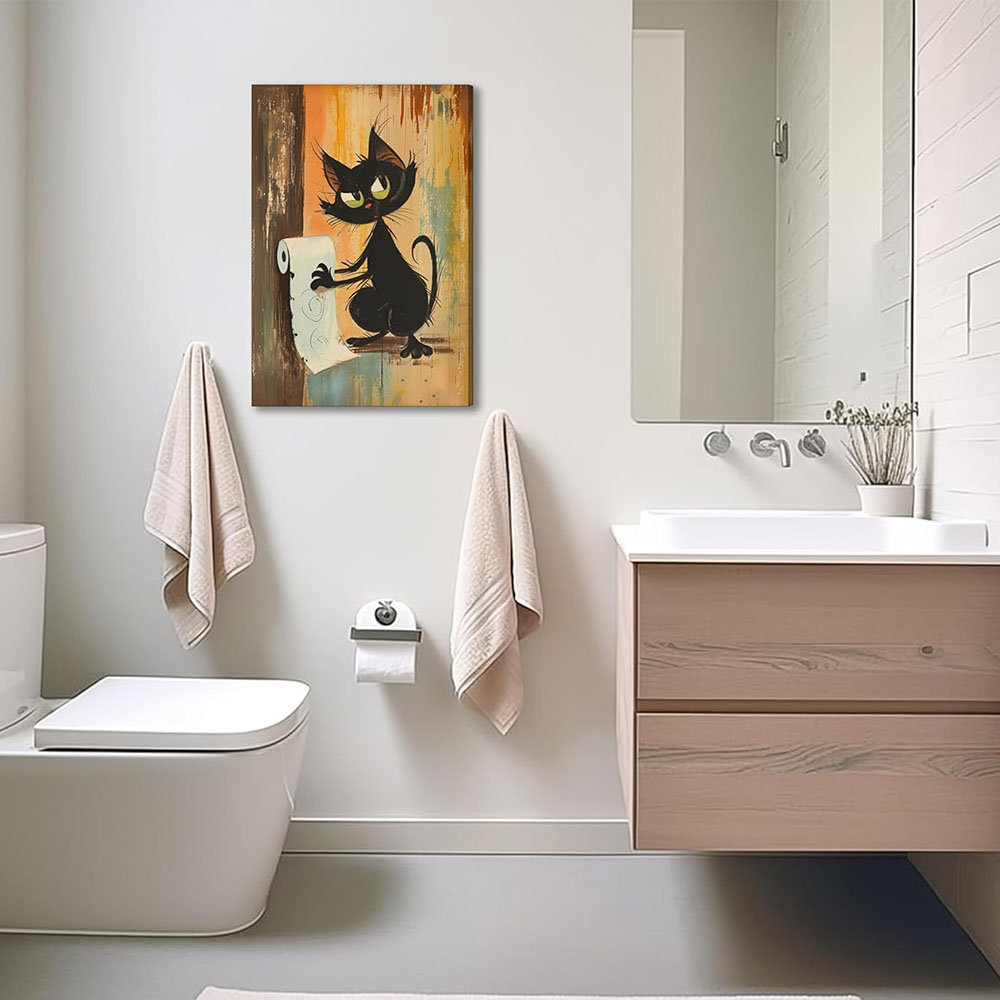 Lily Manor Funny Black Cat Bathroom Canvas Wall Art Abstract Cat With ...