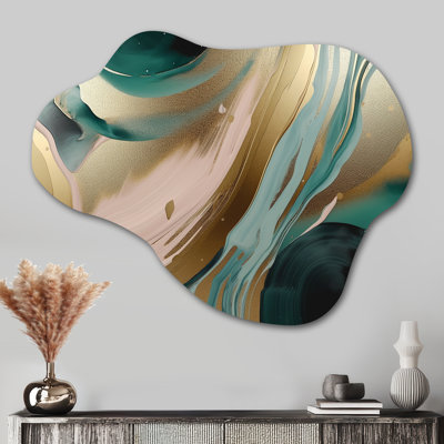 Gold And Green Marbled Euphoria V - Cloud Abstract Marble Metal Wall Art, Asymmetrical Metal Wall Sculpture Print