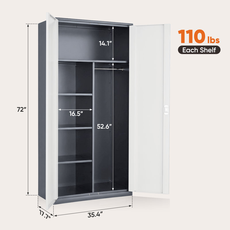 72" Metal Storage Cabinet, Storage Wardrobe Organizer with Hanging Rod, Locking Door and Adjustable Shelves, Gray/White