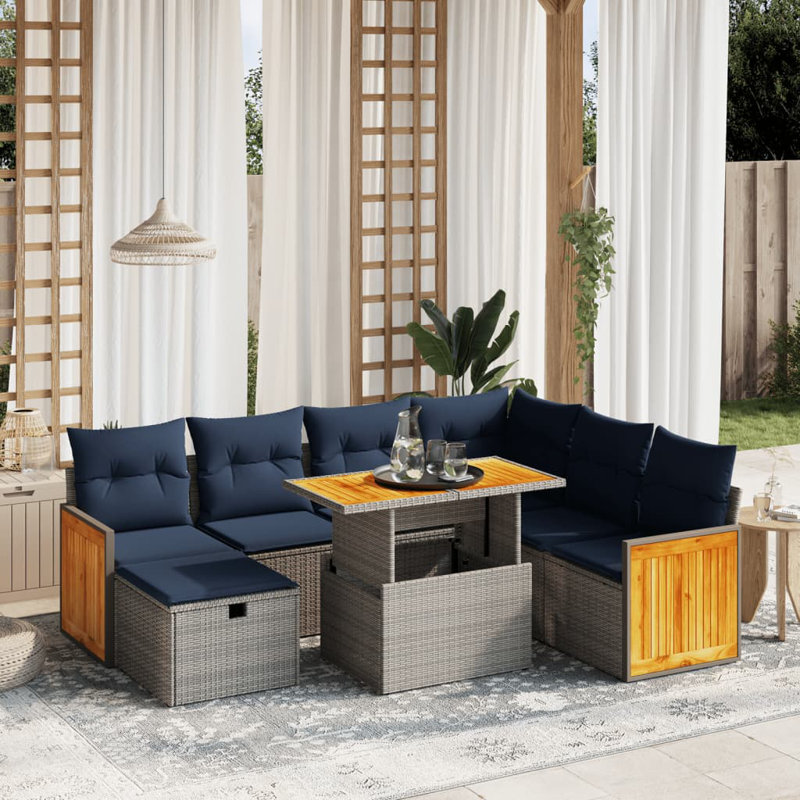  8 Piece Patio Sofa Set With Cushions Poly Rattan, Grey, Blue