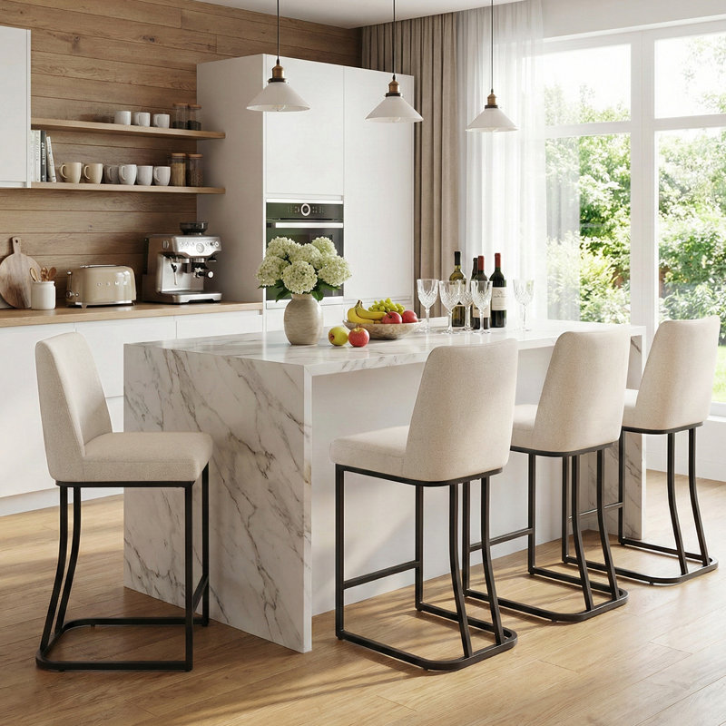 Upholstered Counter & Bar Stool With Backs, Beige