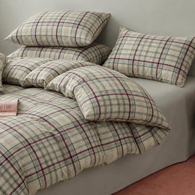 100% Cotton Plaid Duvet Cover Set King Size – Green & Red Cottage Grid Bedding Set with Zipper Closure, 3 Pcs Breathable and Soft Gingham Duvet Cover for All Seasons
