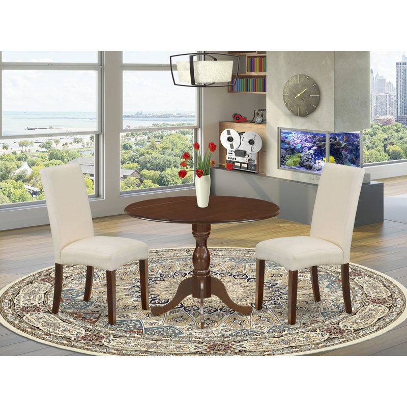 3 Piece Dining Set Contains a Round Dining Room Table with Dropleaf and 2 Cream Linen Fabric Upholstered Parson Chairs, Mahogany