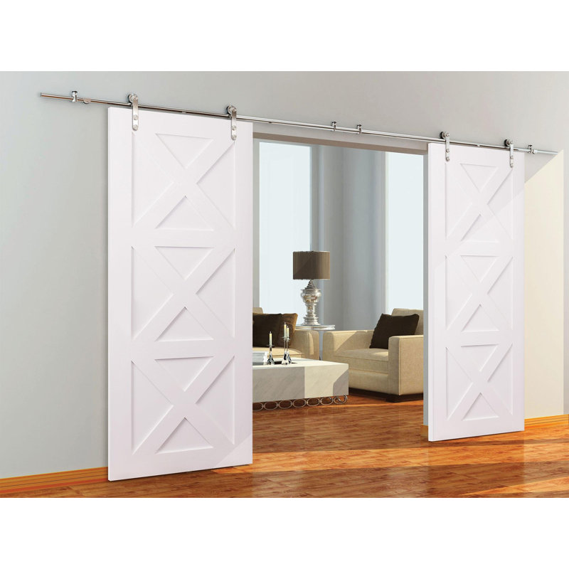 Ensemble de quincaillerie de porte de grange roulante pour portes en bois doubles avec guide de plancher routé