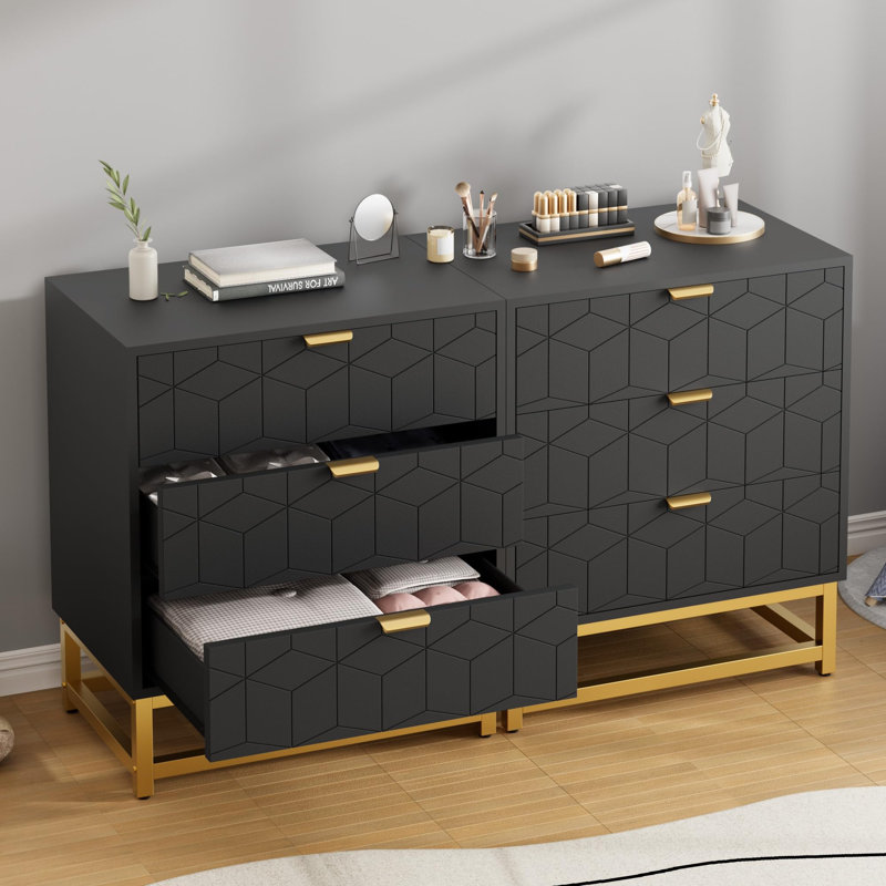 3-Drawer Wide Wood Dresser with Metal Legs for Home, Black